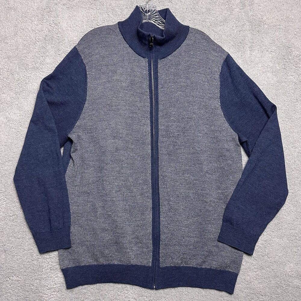 Banana Republic Mens Sweater XXL Blue Merino Wool Blend Full Zip Mock Neck